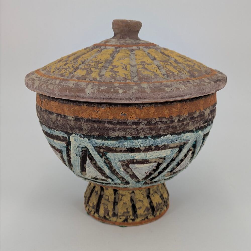 Italian Pedestal Lidded Ceramic Dish Bitossi Pottery Covered Bowl Lava Glaze MCM
